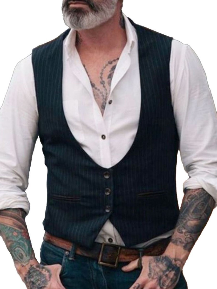 Men BXL Vest | Men'S Retro Striped Single Breasted Suit Vest Black