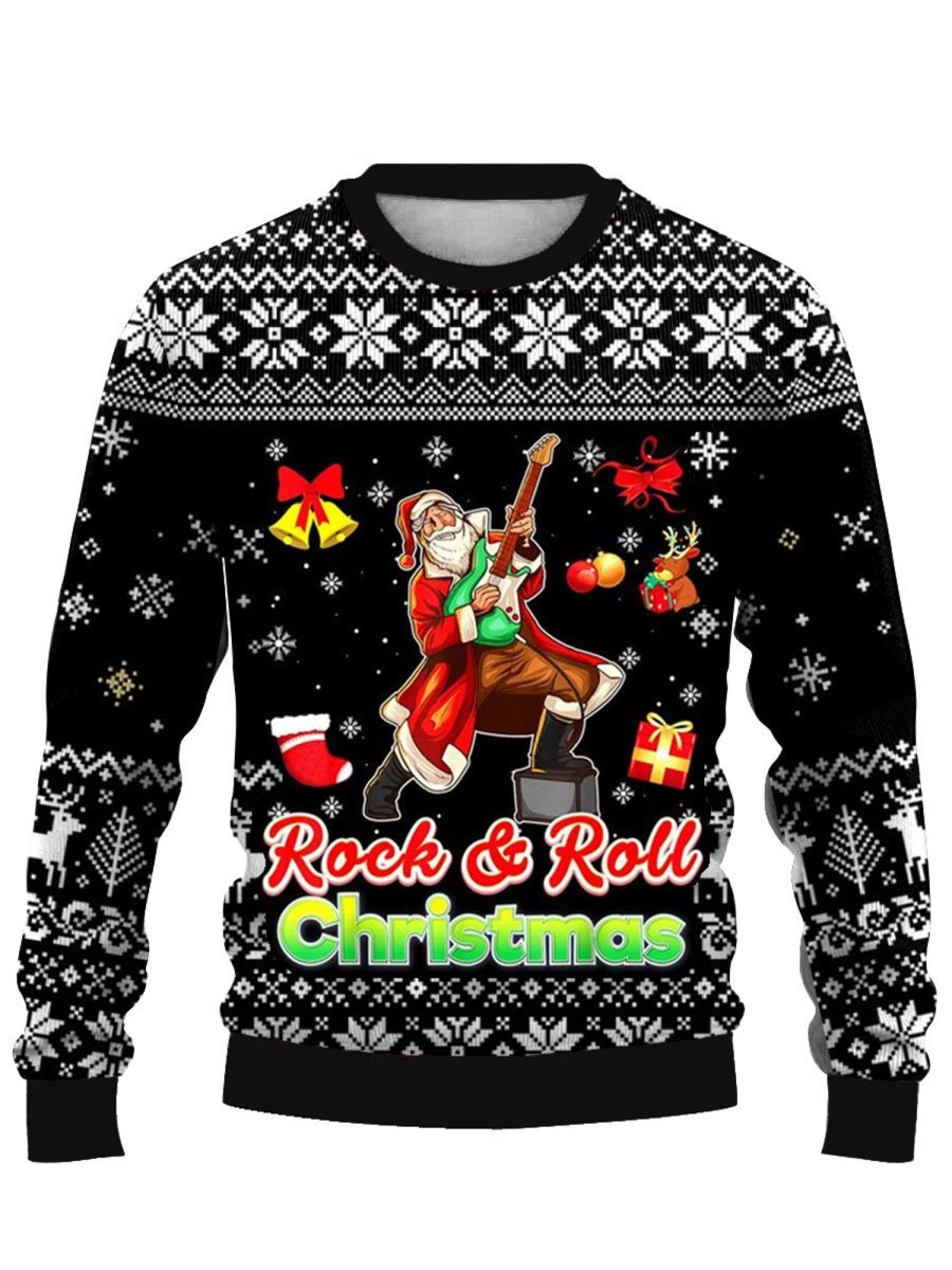 Men DJ Ugly Sweater | Christmas Rock And Roll Printed Casual Crew Neck Sweatshirt Photo Color