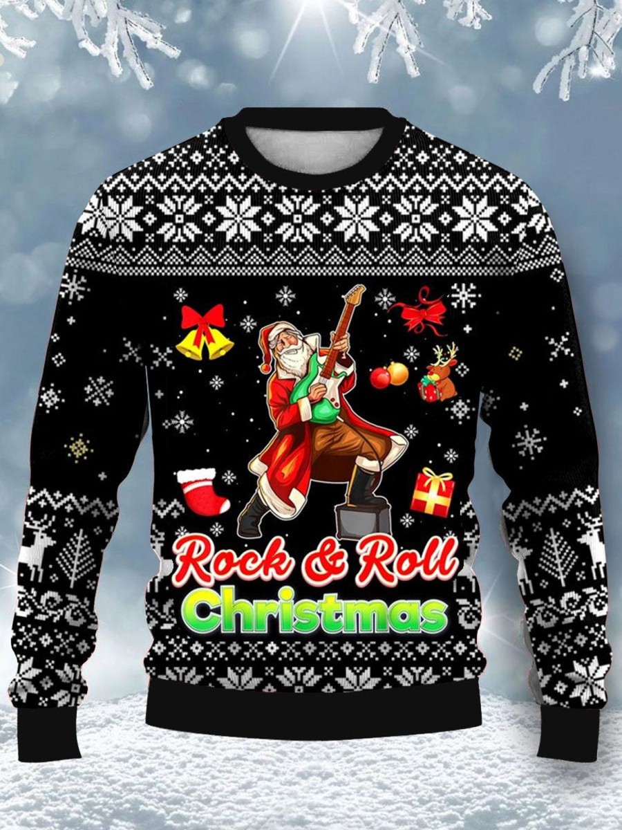 Men DJ Ugly Sweater | Christmas Rock And Roll Printed Casual Crew Neck Sweatshirt Photo Color