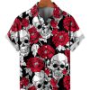 Men HLJ Shirts | Men'S Hawaiian Skull Peony Print Short Sleeve Shirt Black