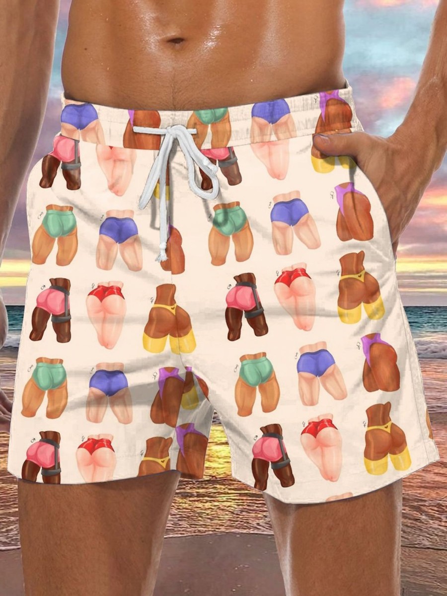 Men DJ Bottoms | Fun Interracial Butt Print Pocket Shorts Khaki