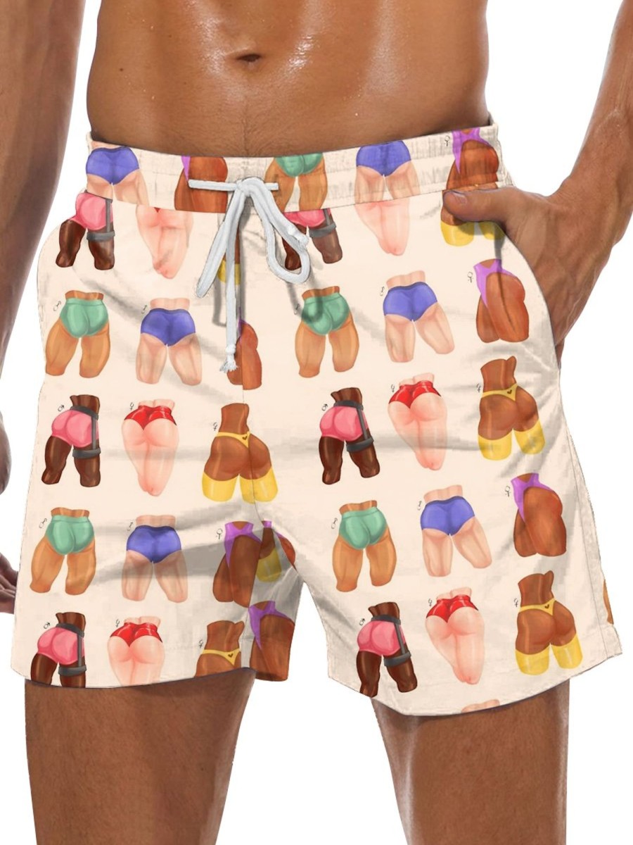 Men DJ Bottoms | Fun Interracial Butt Print Pocket Shorts Khaki