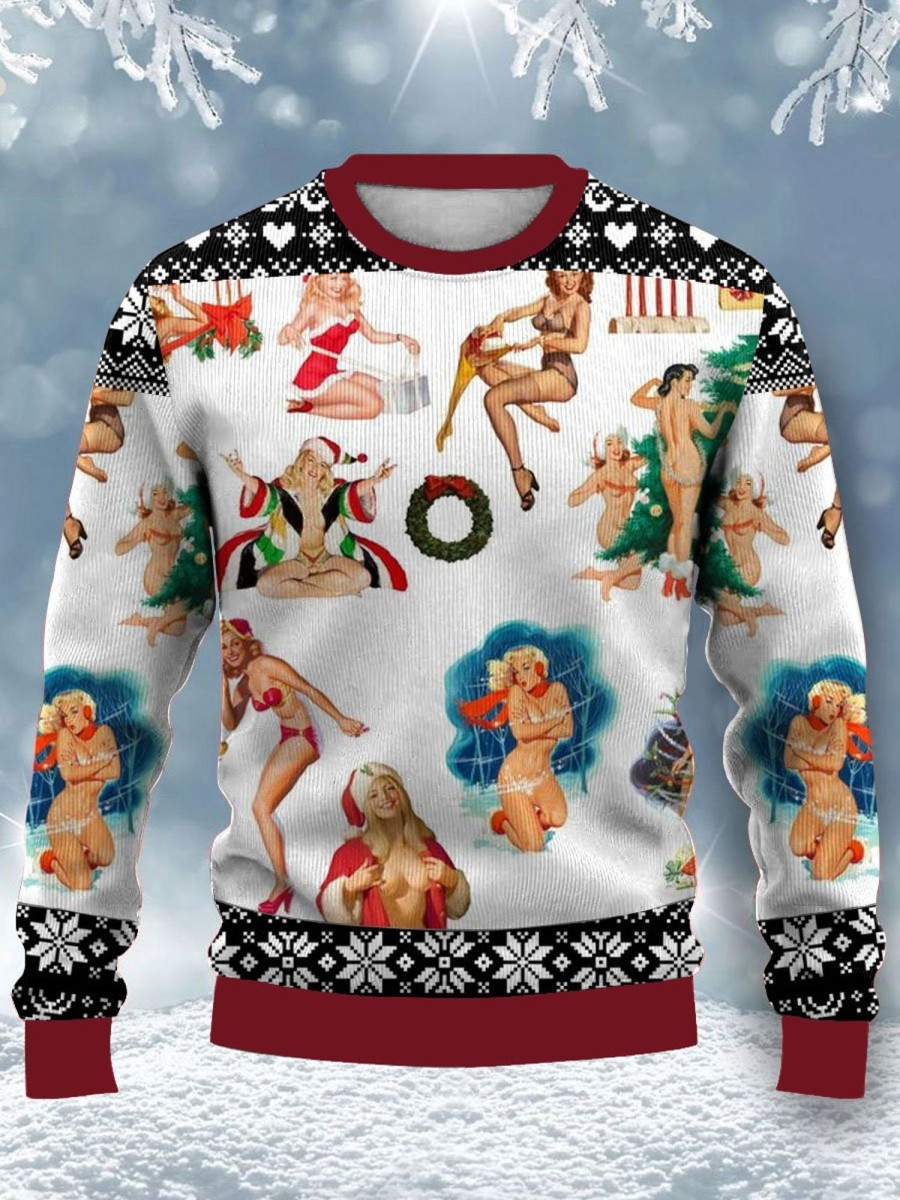 Men BXL Ugly Sweater | Casual Santa Girl Colorful Printed Round Neck Sweatshirt Photo Color