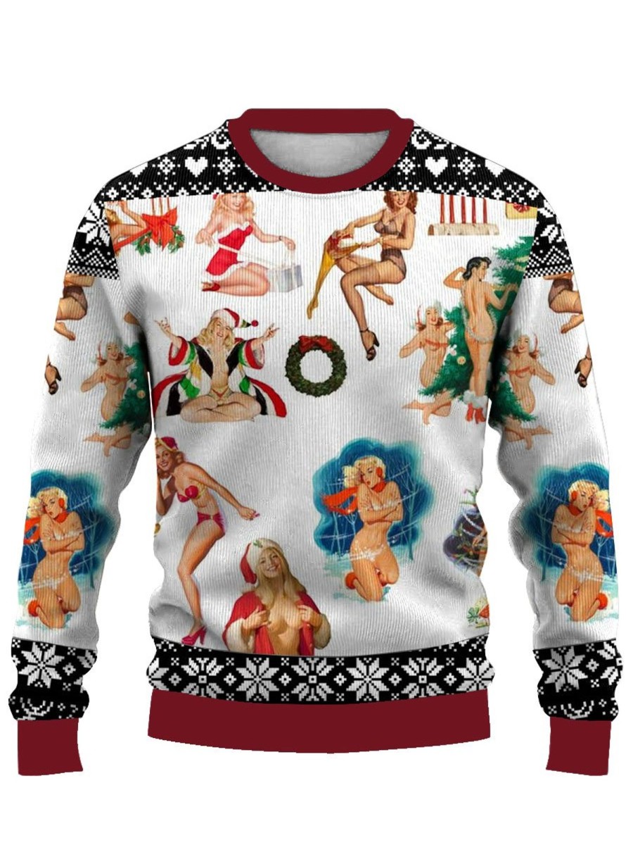 Men BXL Ugly Sweater | Casual Santa Girl Colorful Printed Round Neck Sweatshirt Photo Color