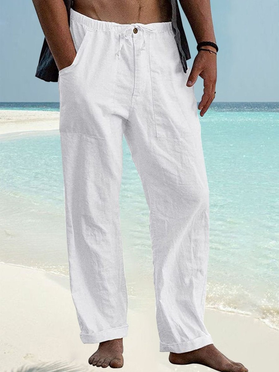 Men HLJ Bottoms | Men'S Beach Loose Casual Drawstring Linen Trousers