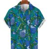 Men DJ Shirts | Fun Pocket Cat Print Casual Short Sleeve Shirt Blue