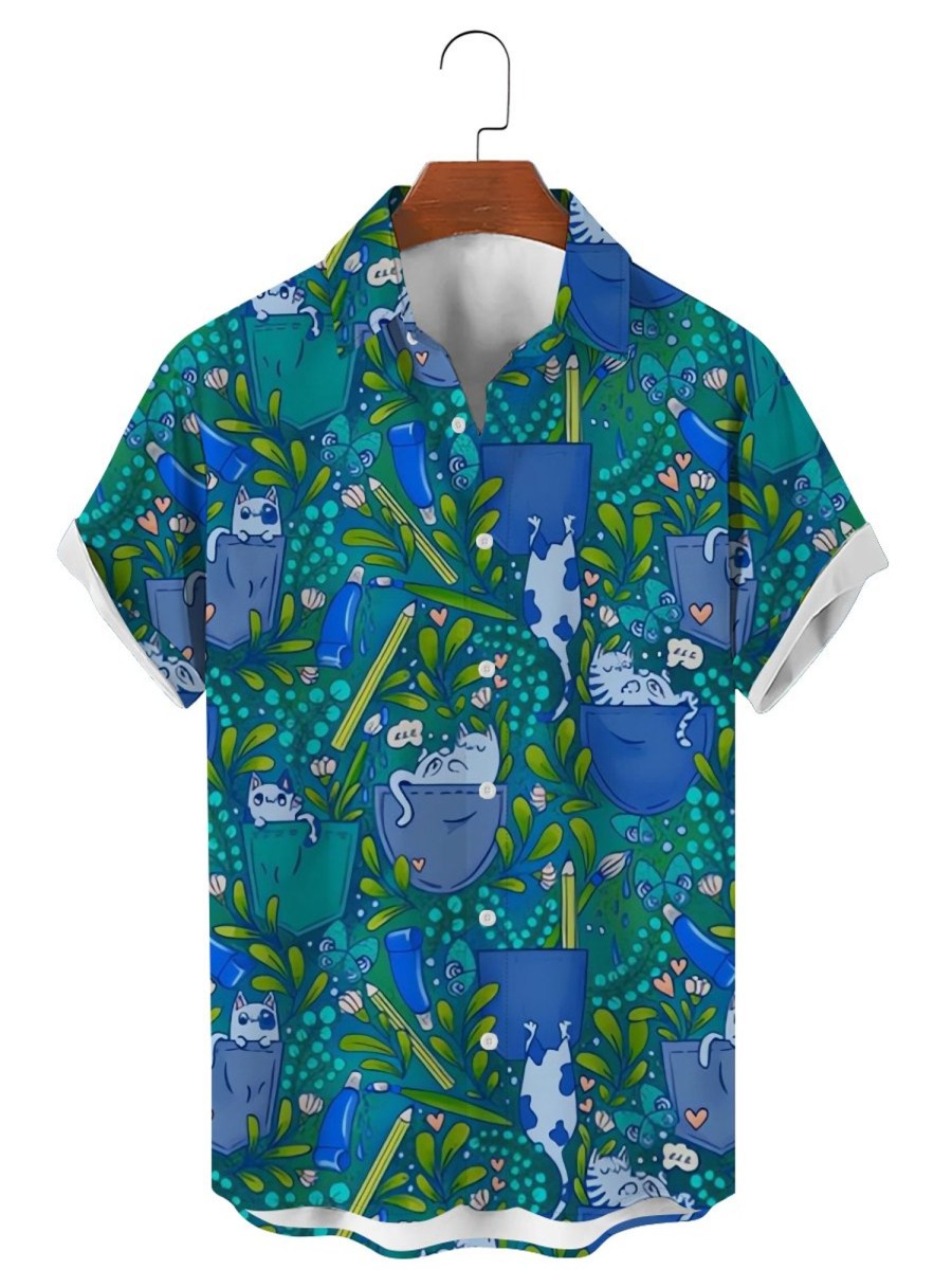 Men DJ Shirts | Fun Pocket Cat Print Casual Short Sleeve Shirt Blue