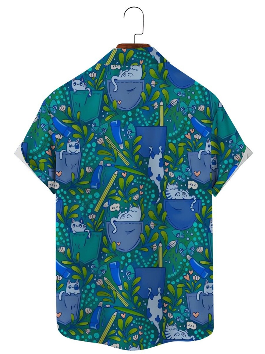 Men DJ Shirts | Fun Pocket Cat Print Casual Short Sleeve Shirt Blue