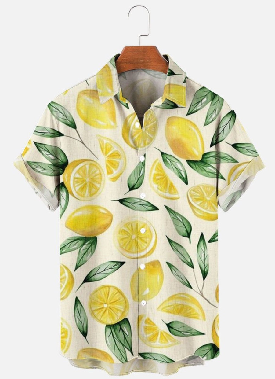 Men XT Shirts | Men'S Summer Lemon Print Short Sleeve Shirt Yellow