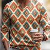 Men LJC Print Sweater | Rhombus Ethnic Print V-Neck Knit Pullover Photo Color