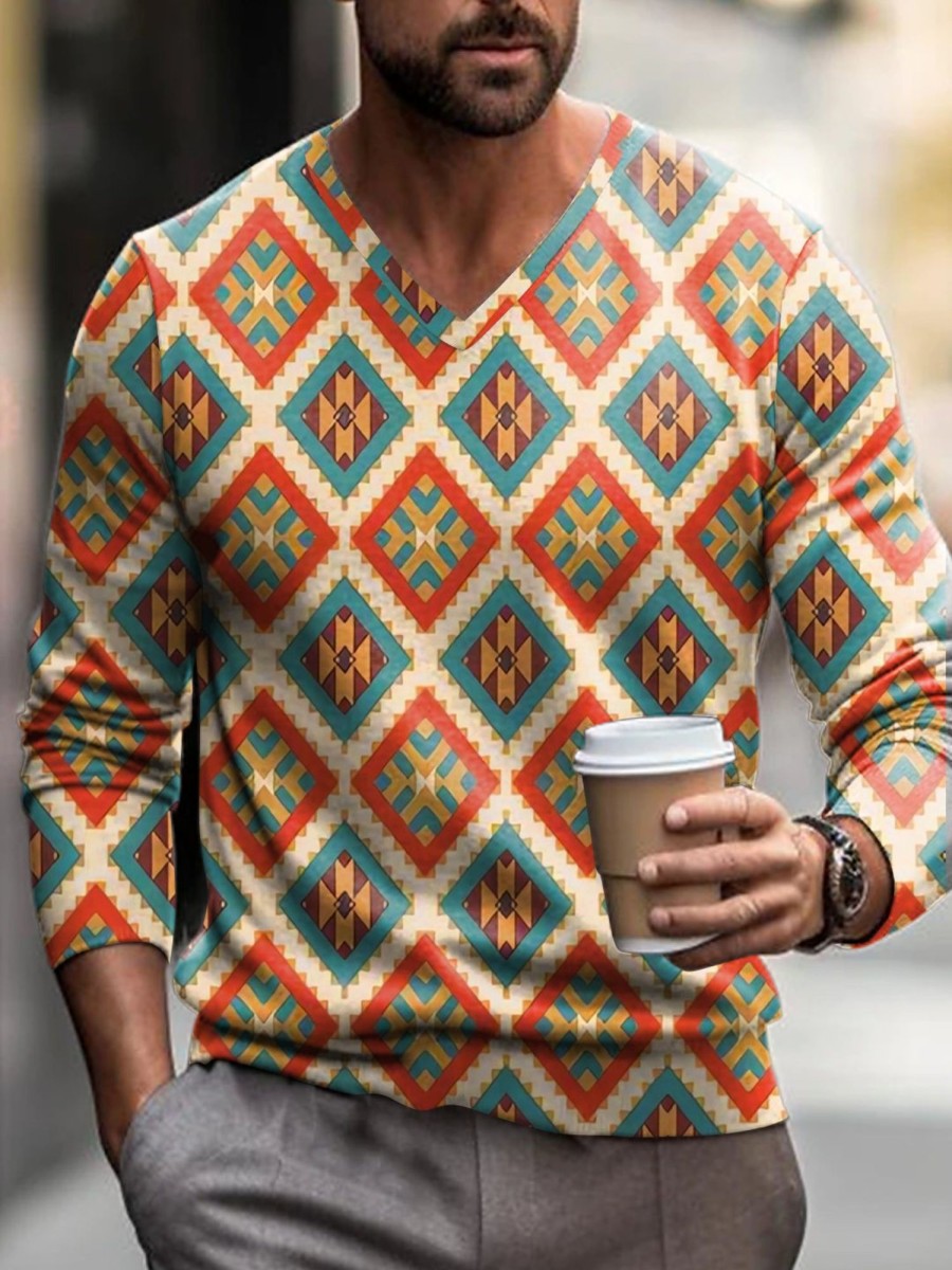 Men LJC Print Sweater | Rhombus Ethnic Print V-Neck Knit Pullover Photo Color