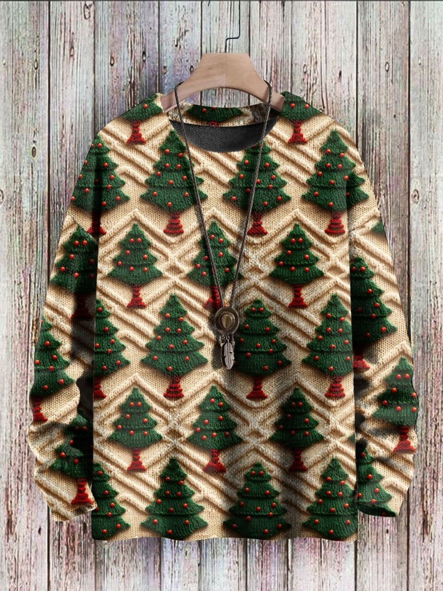 Men BXL Print Sweater | Round Neck Casual Loose Christmas Tree Print Knitted Pullover Sweater Green