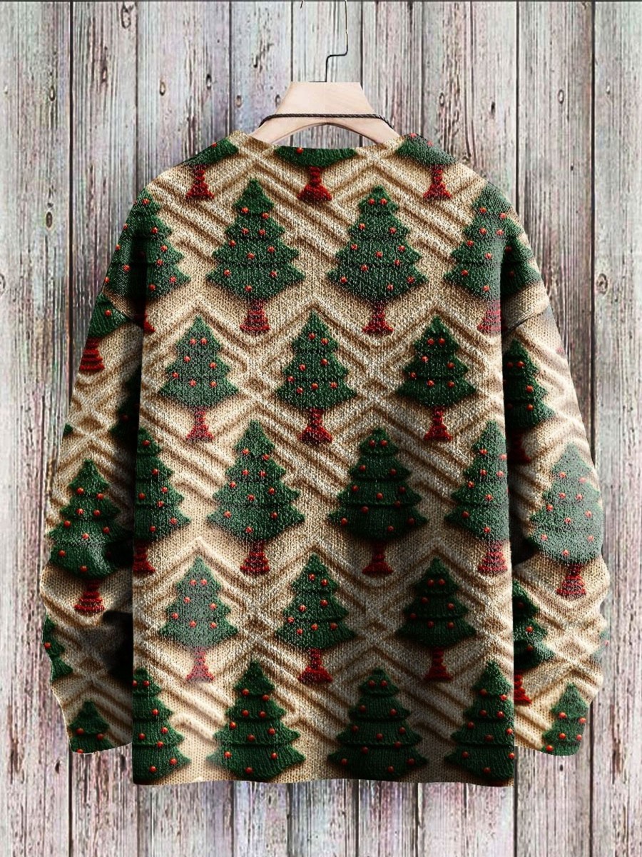 Men BXL Print Sweater | Round Neck Casual Loose Christmas Tree Print Knitted Pullover Sweater Green