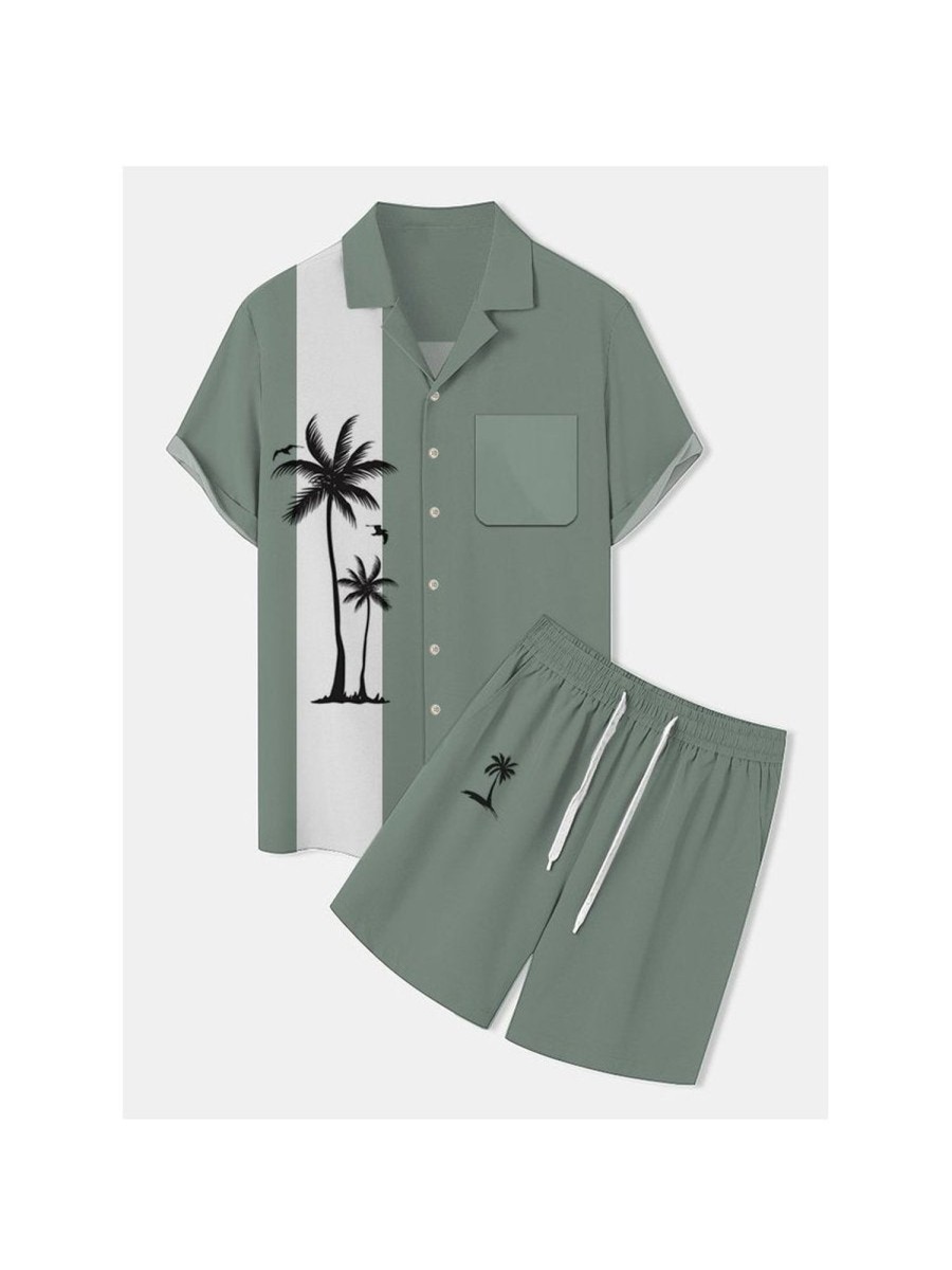 Men DJ Set | Hawaiian Vintage Bowling Coconut Tree Print Men'S Pocket Two-Piece Shirt Shorts Set Green