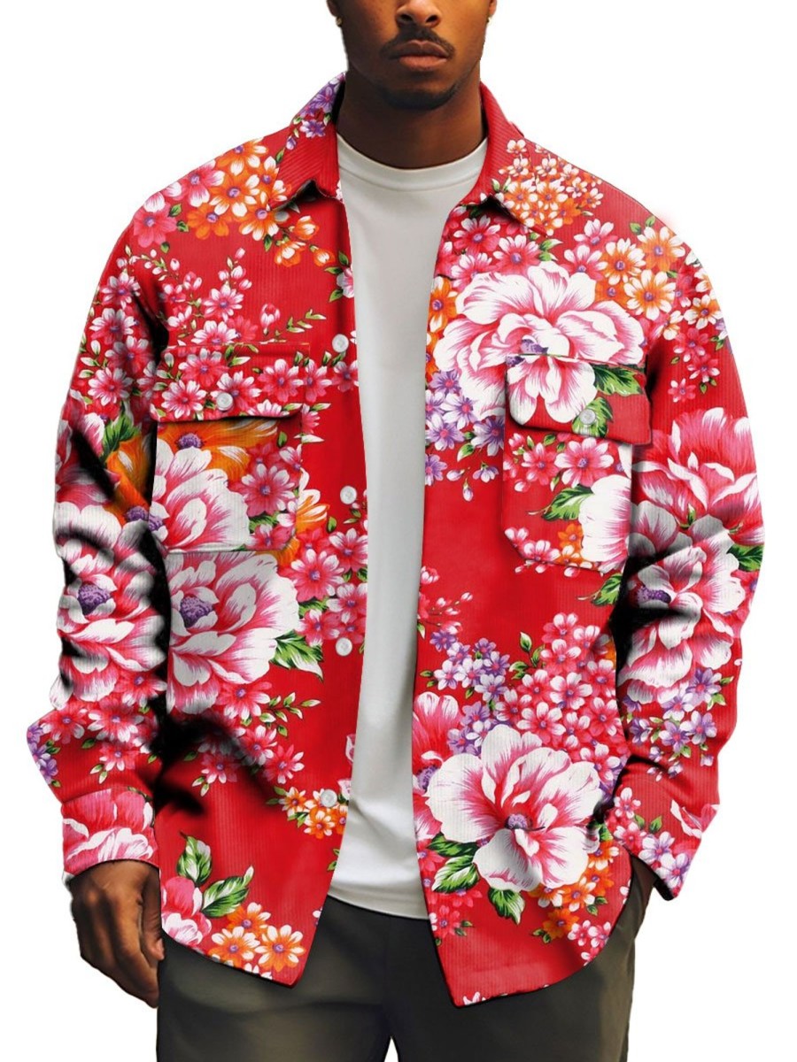 Men BXL Print Jacket | Men'S Peony Print Festive Casual Shirt Jacket Red