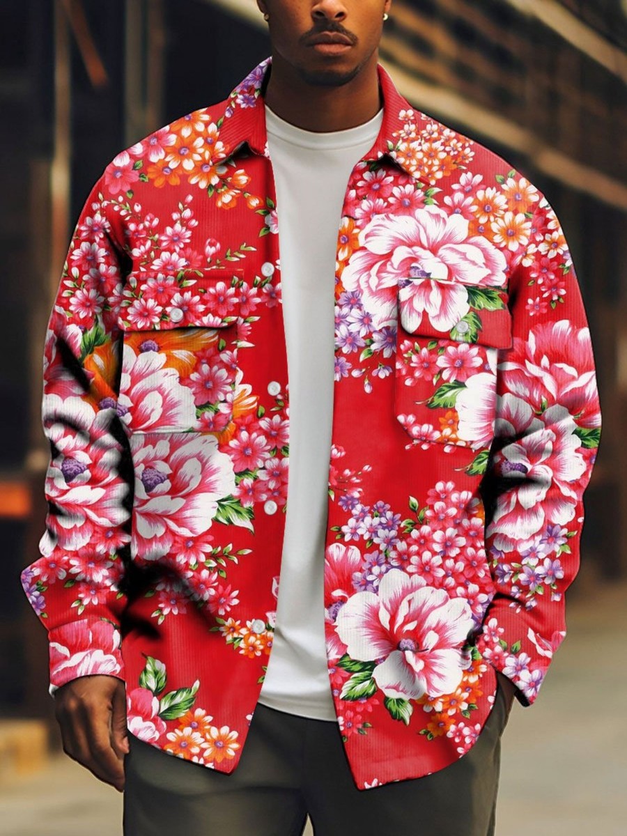 Men BXL Print Jacket | Men'S Peony Print Festive Casual Shirt Jacket Red