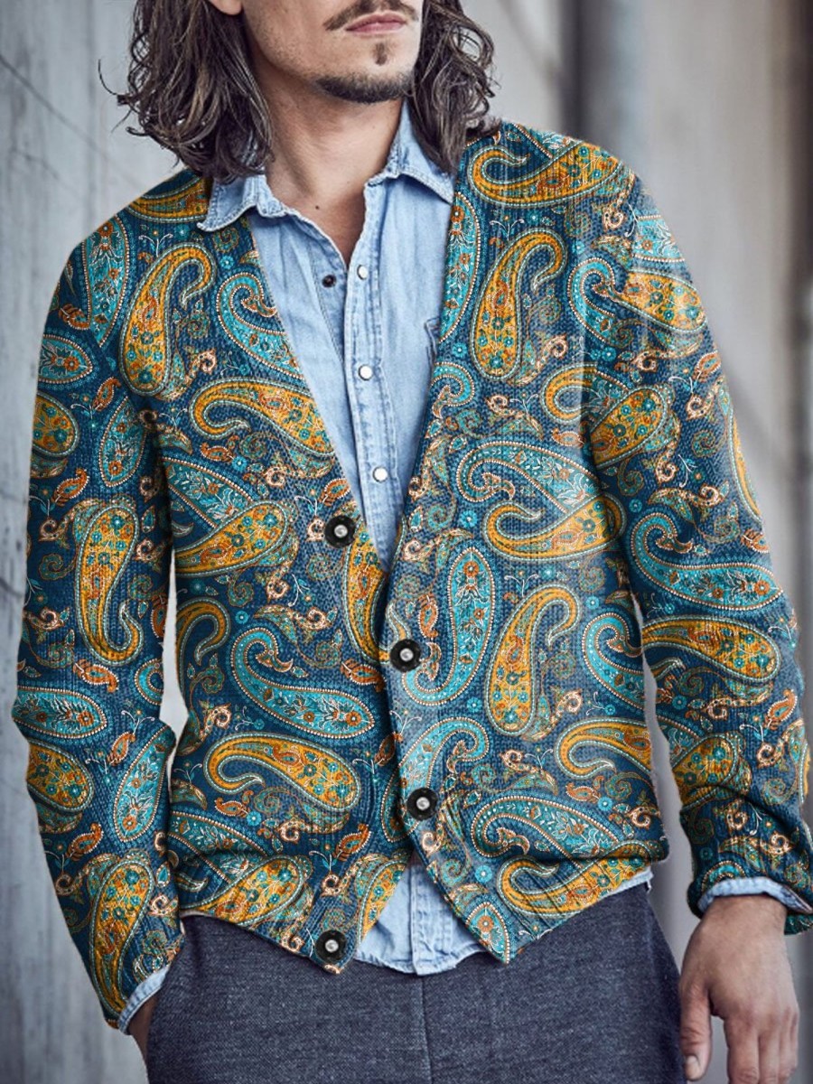 Men DJ Print Cardigan | Retro Cashew Flower Print V-Neck Knitted Cardigan Photo Color