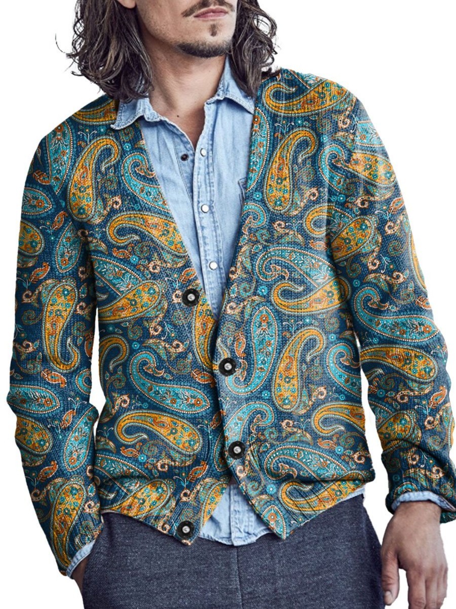 Men DJ Print Cardigan | Retro Cashew Flower Print V-Neck Knitted Cardigan Photo Color