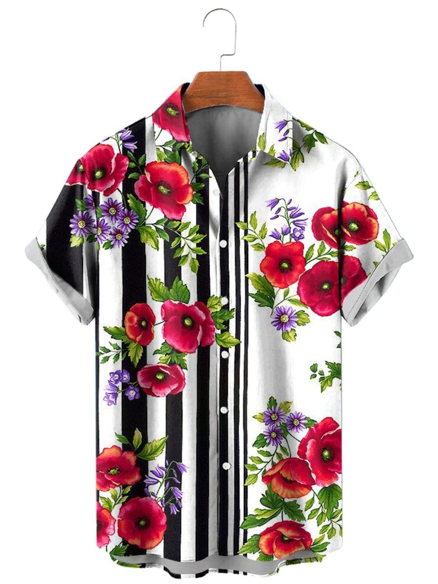 Men HLJ Shirts | Men'S Resort Casual Floral Striped Short Sleeve Shirt White