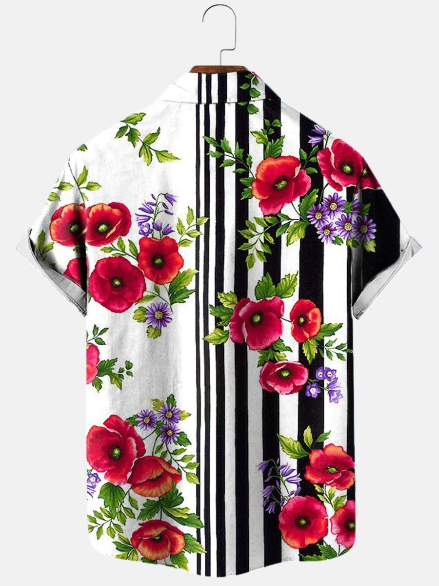 Men HLJ Shirts | Men'S Resort Casual Floral Striped Short Sleeve Shirt White