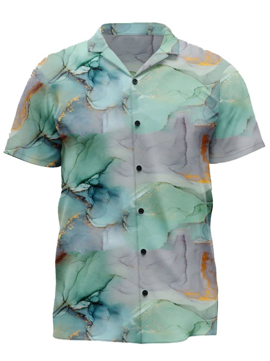 Men DJ Shirts | Retro Art Inkjet Print Casual Short-Sleeved Shirt Green