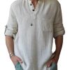 Men DJ Casual Long Sleeve Shirts | Solid Color Half Open Collar Single Pocket Casual Loose Long Sleeve Shirt Beige