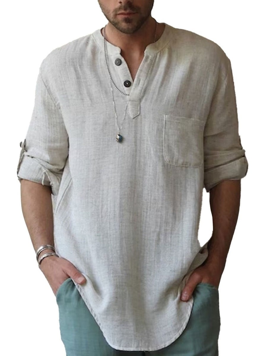 Men DJ Casual Long Sleeve Shirts | Solid Color Half Open Collar Single Pocket Casual Loose Long Sleeve Shirt Beige