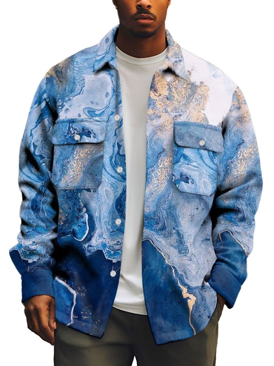 Men BXL Print Jacket | Men'S Casual Glitter Onyx Print Pocket Single Breasted Corduroy Jacket 32947710Xl Blue