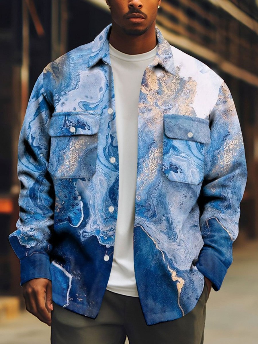 Men BXL Print Jacket | Men'S Casual Glitter Onyx Print Pocket Single Breasted Corduroy Jacket 32947710Xl Blue