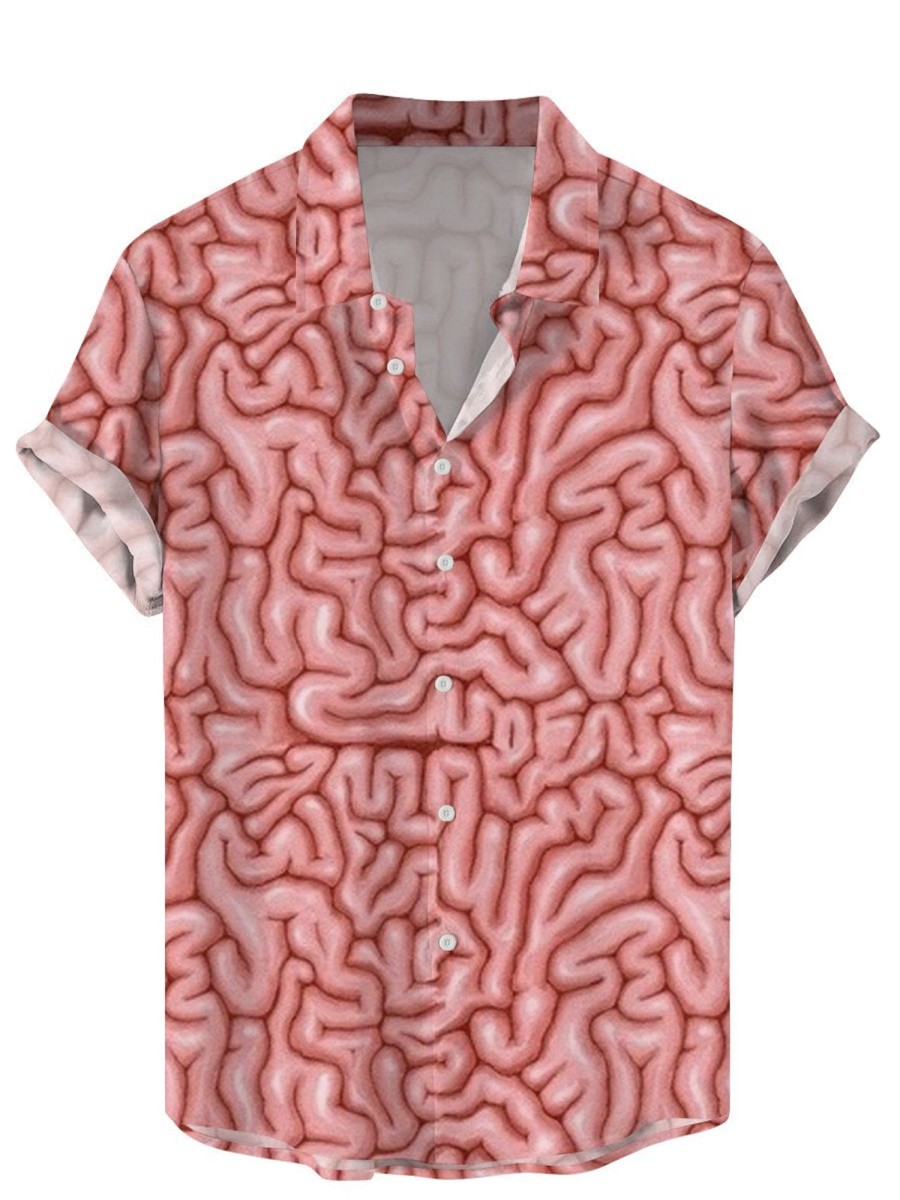 Men DJ Shirts | Brain Print Casual Short-Sleeved Shirt Pink