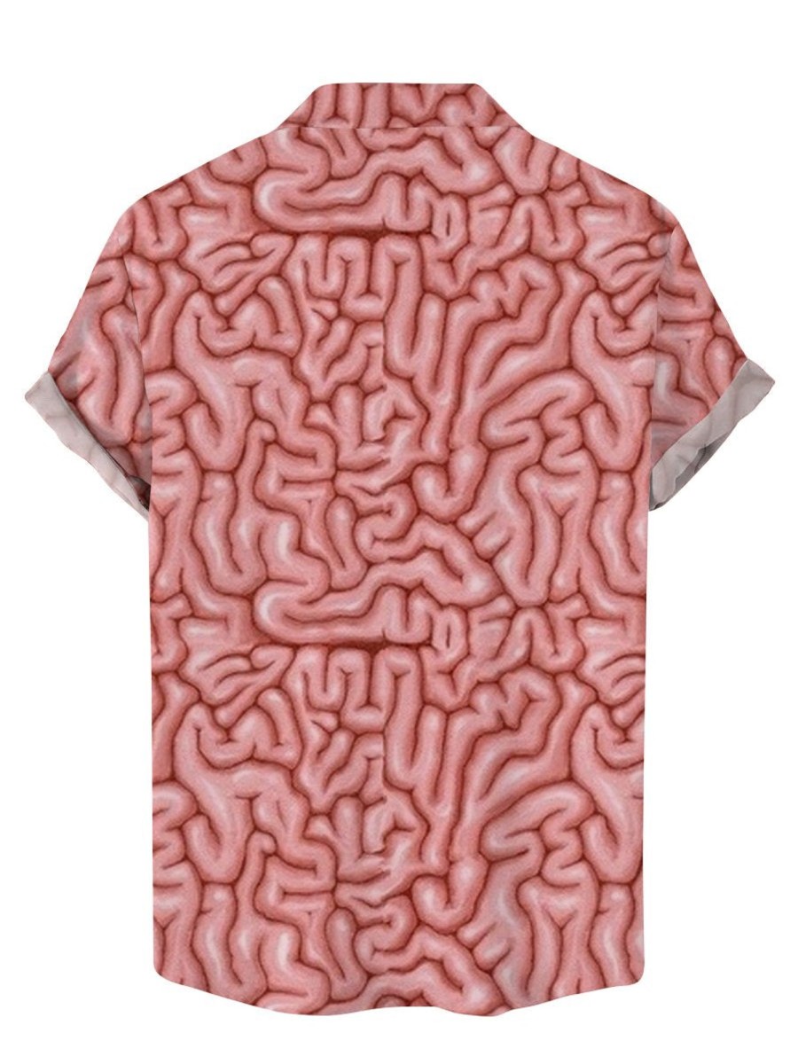 Men DJ Shirts | Brain Print Casual Short-Sleeved Shirt Pink