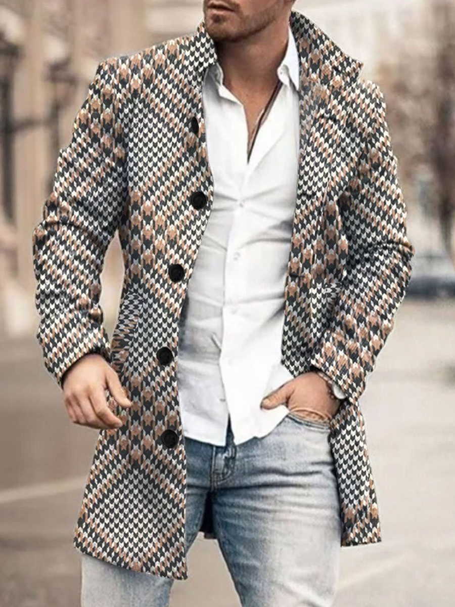 Men BXL Print Jacket | Men'S Casual Houndstooth Print Single-Breasted Double-Pocket Wool Coat Khaki