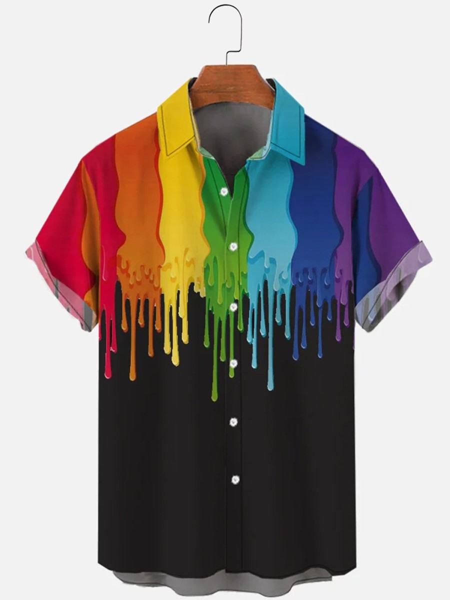 Men HLJ Shirts | Funny Paint Splatter Rainbow Hawaiian Short Sleeve Shirt Black