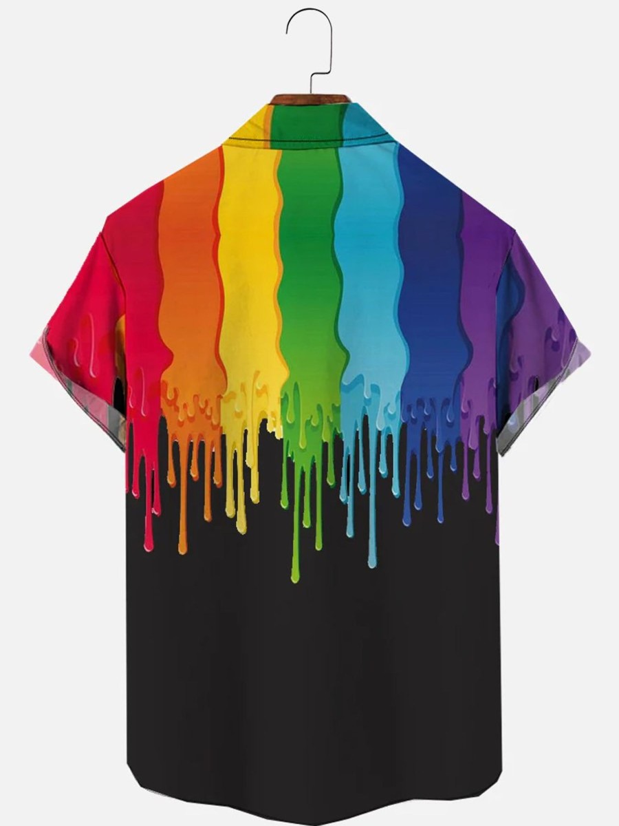 Men HLJ Shirts | Funny Paint Splatter Rainbow Hawaiian Short Sleeve Shirt Black