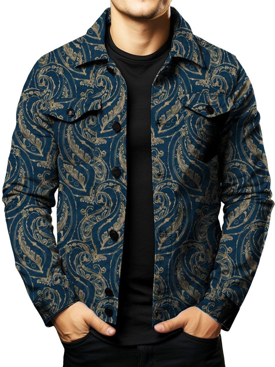 Men DJ Jacket | Vintage Ethnic Print Double Pocket Single Breasted Jacket Navy