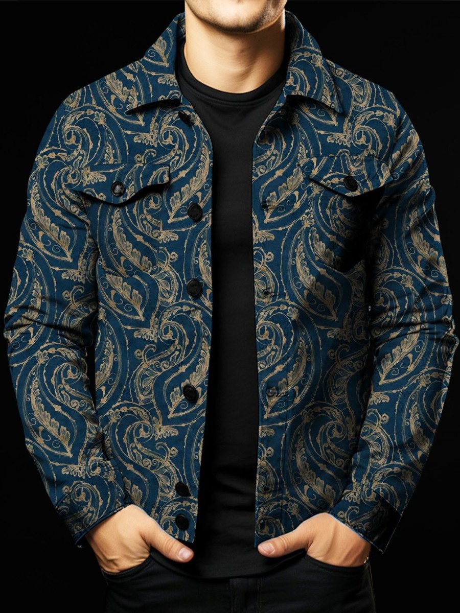 Men DJ Jacket | Vintage Ethnic Print Double Pocket Single Breasted Jacket Navy