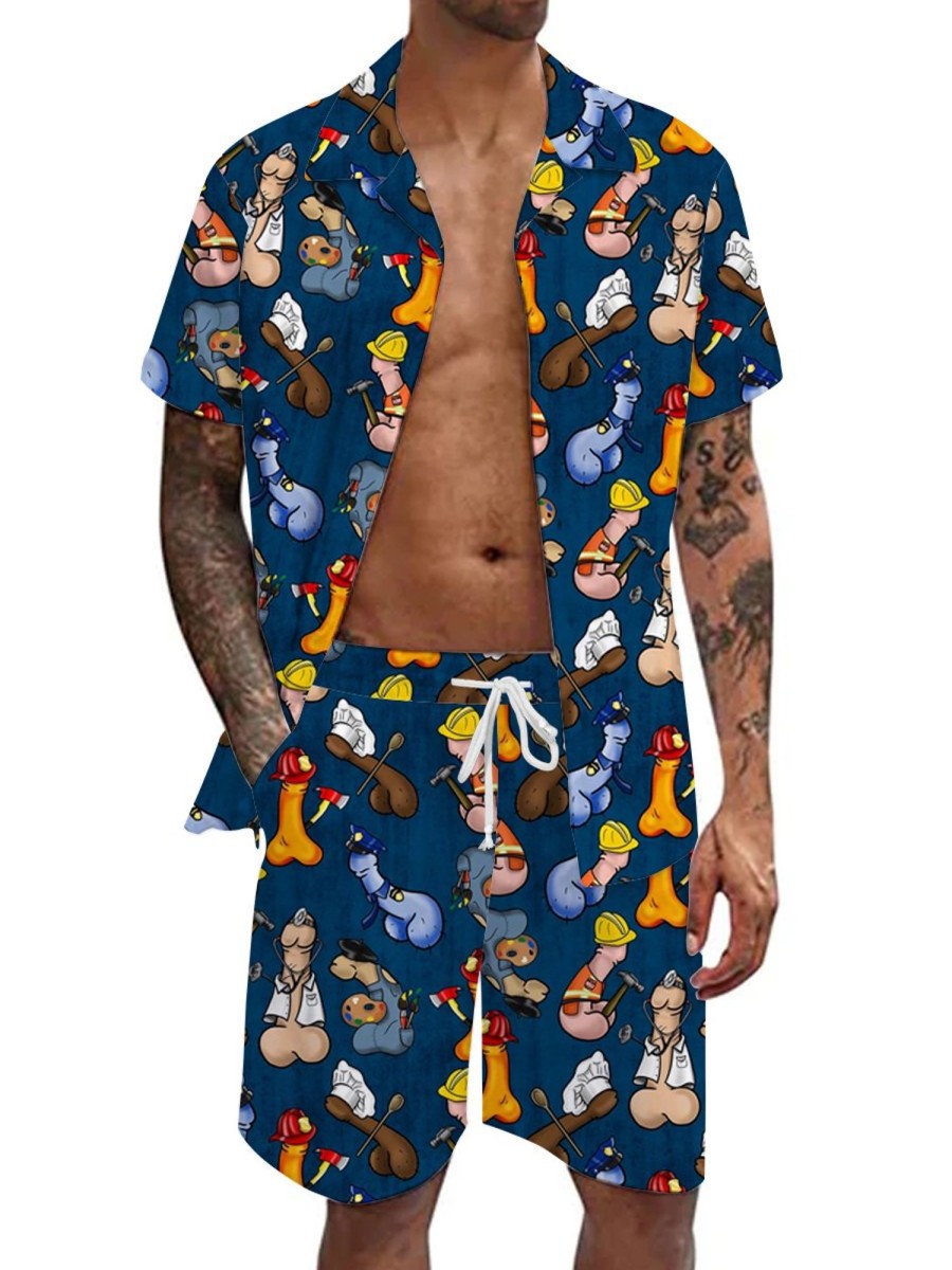 Men DJ Set | Creative Cosplay Cocks Printed Shirt And Shorts Two-Piece Suit Navy