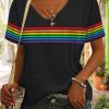 Women DJ | Rainbow Stripe Print Casual V-Neck Short Sleeve T-Shirt