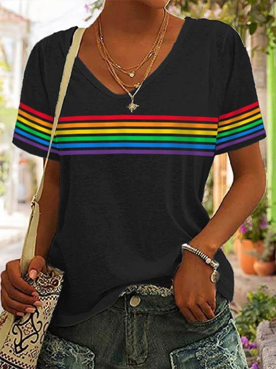 Women DJ | Rainbow Stripe Print Casual V-Neck Short Sleeve T-Shirt