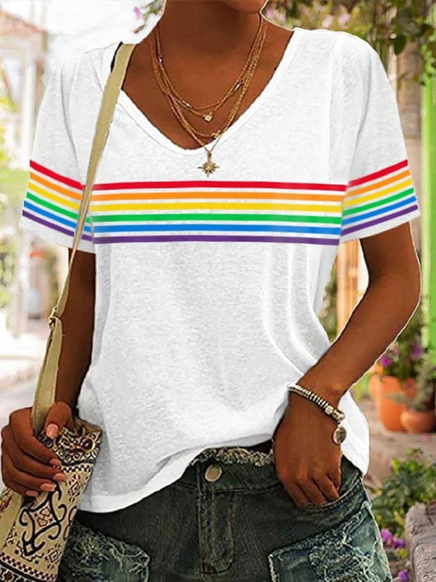 Women DJ | Rainbow Stripe Print Casual V-Neck Short Sleeve T-Shirt