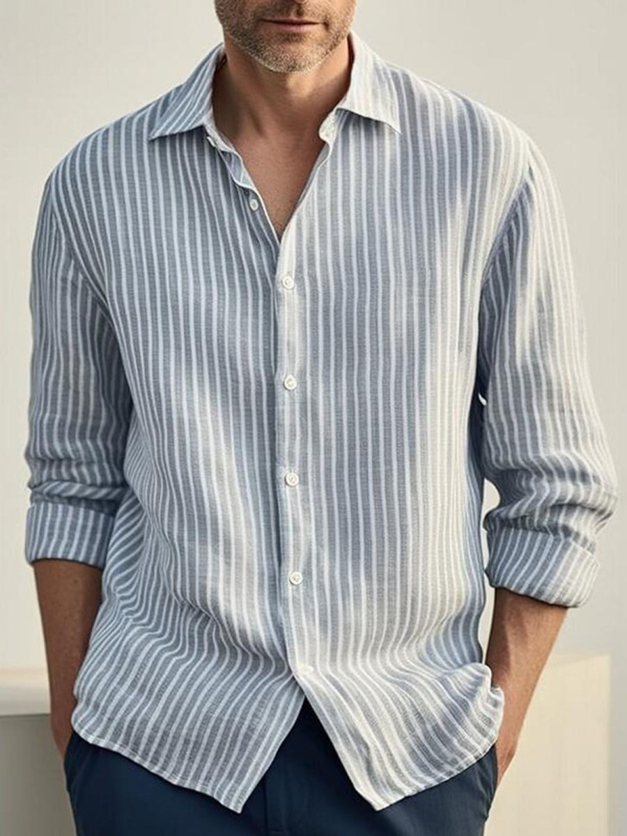 Men QMY Casual Shirts | Men'S Casual Striped Long Sleeve Shirt Blue