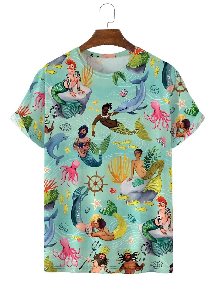 Men DJ T-Shirts | Undersea Mermen Lgbt Print Short Sleeve T-Shirt Green