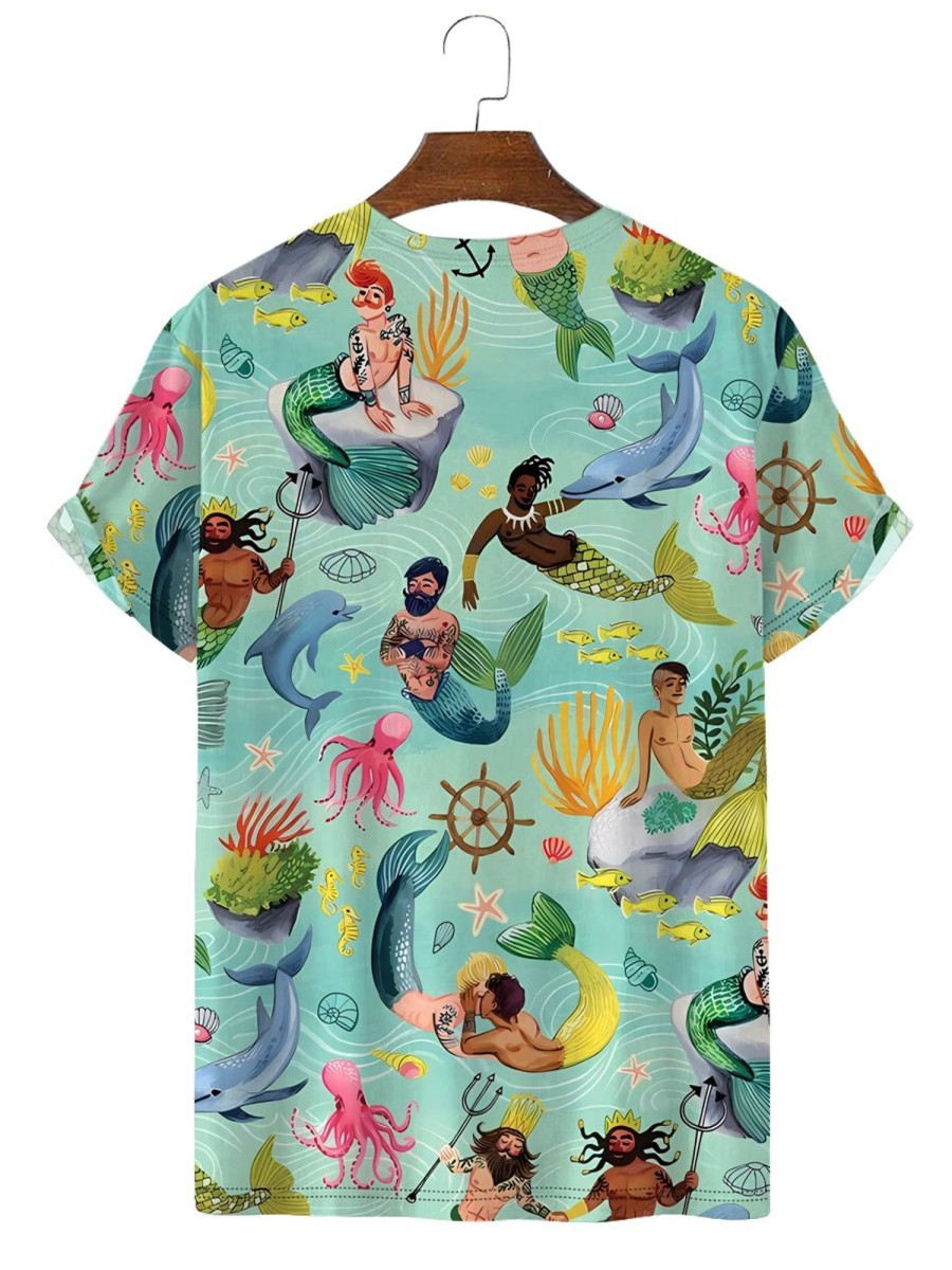 Men DJ T-Shirts | Undersea Mermen Lgbt Print Short Sleeve T-Shirt Green