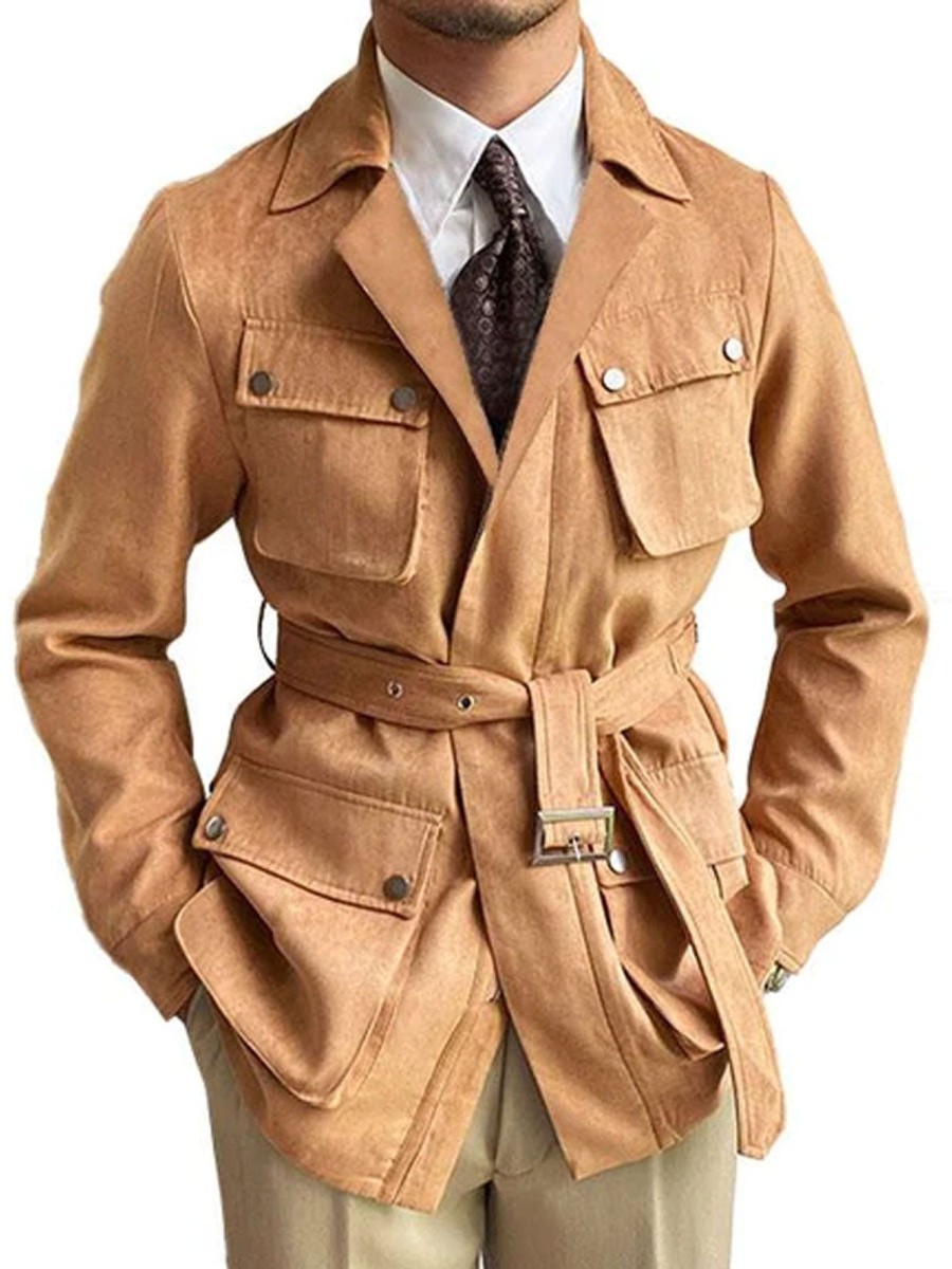 Men DJ Jacket | Multi-Pocket Lapel Lace-Up Suede Casual Jacket Khaki