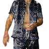 Men BXL Set | Men'S Geometric Gold Printed Casual Vacation Short-Sleeved Suit Navy Blue