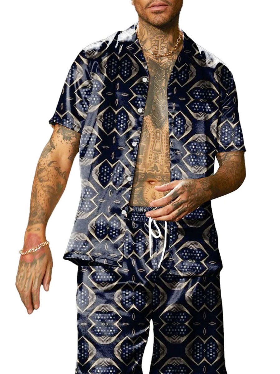 Men BXL Set | Men'S Geometric Gold Printed Casual Vacation Short-Sleeved Suit Navy Blue