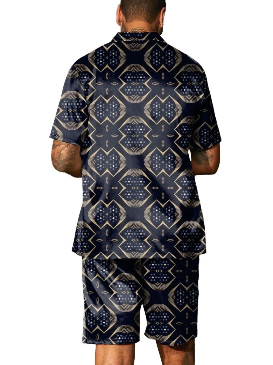 Men BXL Set | Men'S Geometric Gold Printed Casual Vacation Short-Sleeved Suit Navy Blue