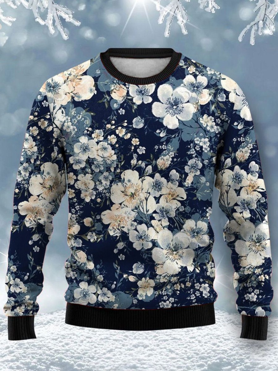 Men DJ Ugly Sweater | Vintage Floral Print Casual Crew Neck Sweatshirt Photo Color