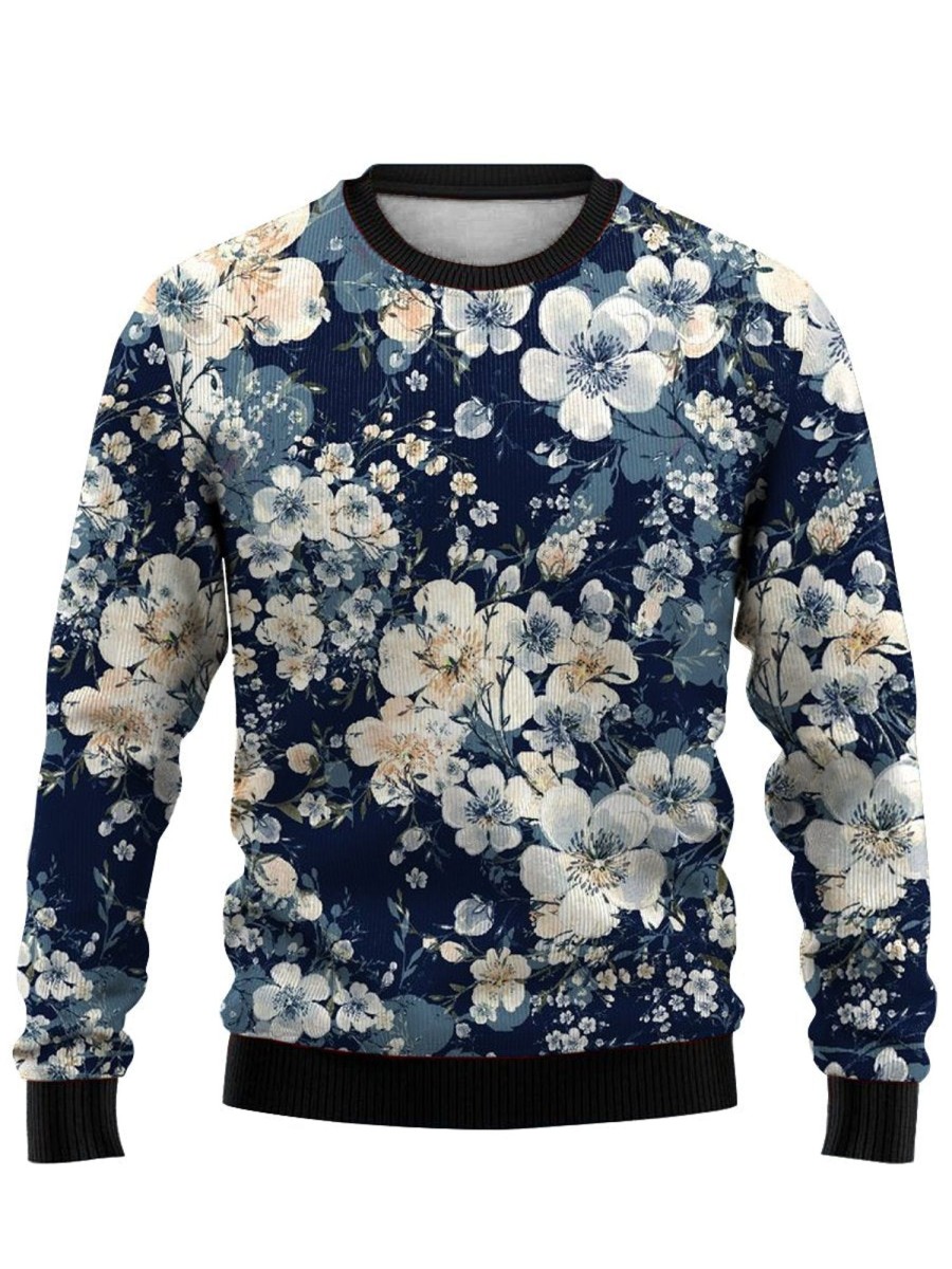 Men DJ Ugly Sweater | Vintage Floral Print Casual Crew Neck Sweatshirt Photo Color