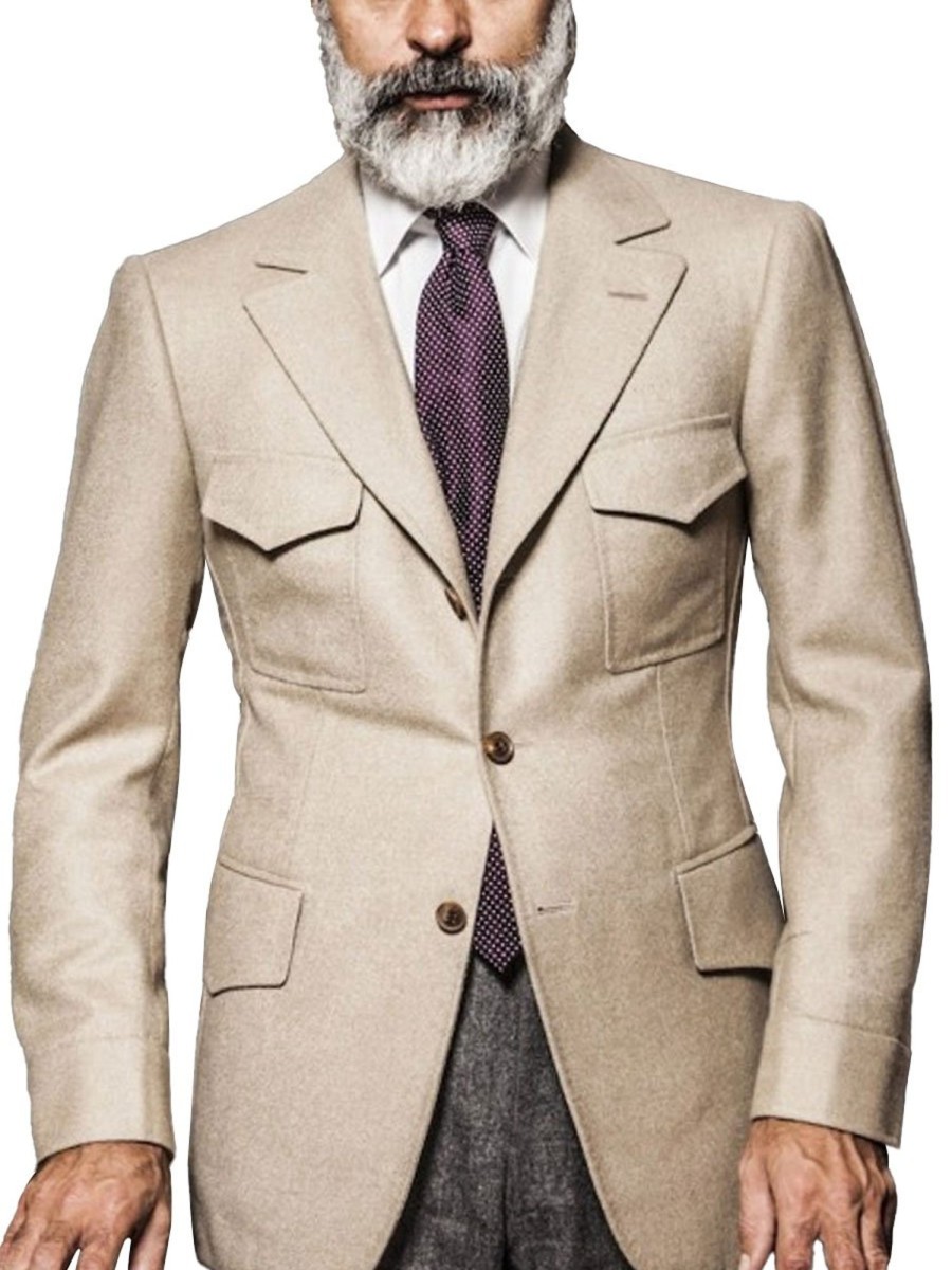 Men BXL Jacket | Men'S Solid Color Woolen Multi-Pocket Casual Blazer Beige